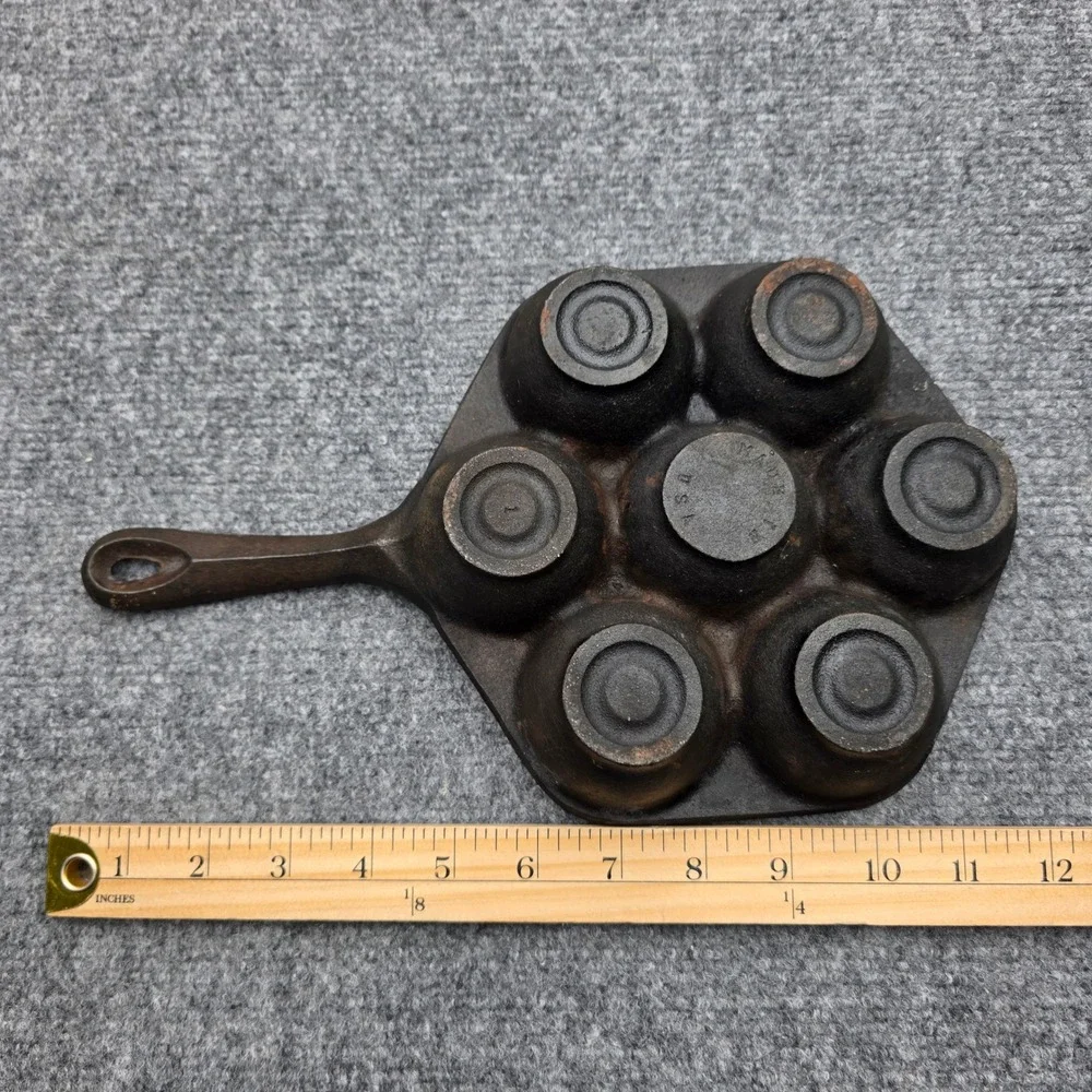 Vintage Cast Iron Aebleskiver Pan 7 Hole Hexagon Made in USA Danish Pancake Puff